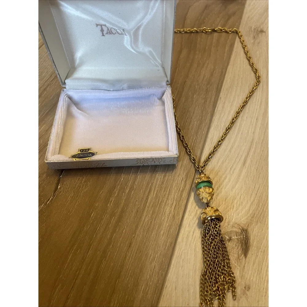 Vintage Tacoa‎ Gold Tone Necklace with Tassel Pendant 18 inch Green Enamel